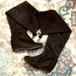 Brown suede wedge over the knee boots